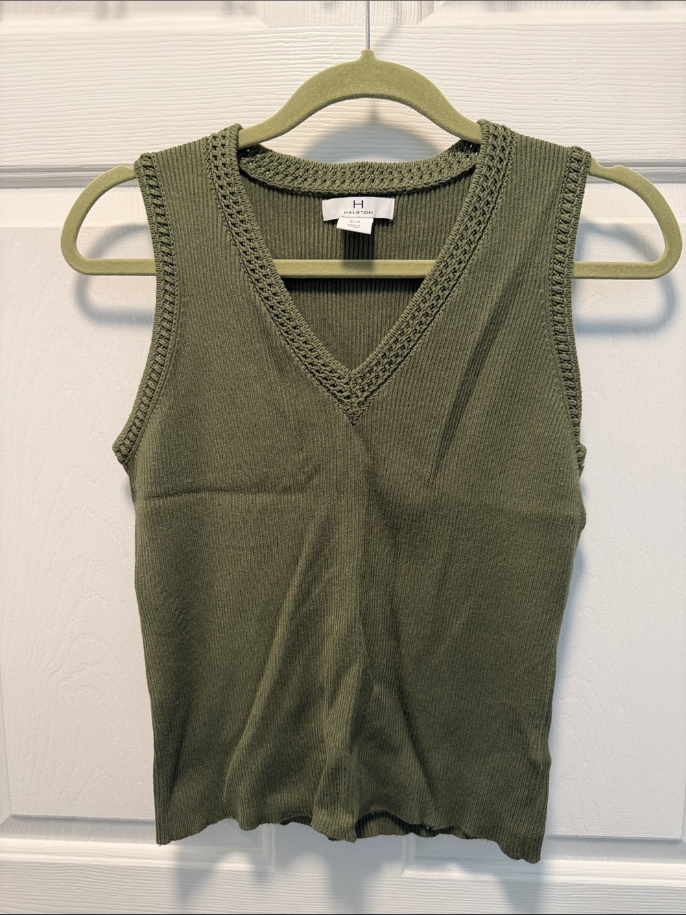 Halston Heritage Olive Knit V‑Neck Sleeveless Tank